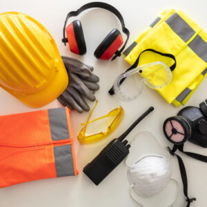 work-safety-protection-equipment-background-industrial-protective-gear-white